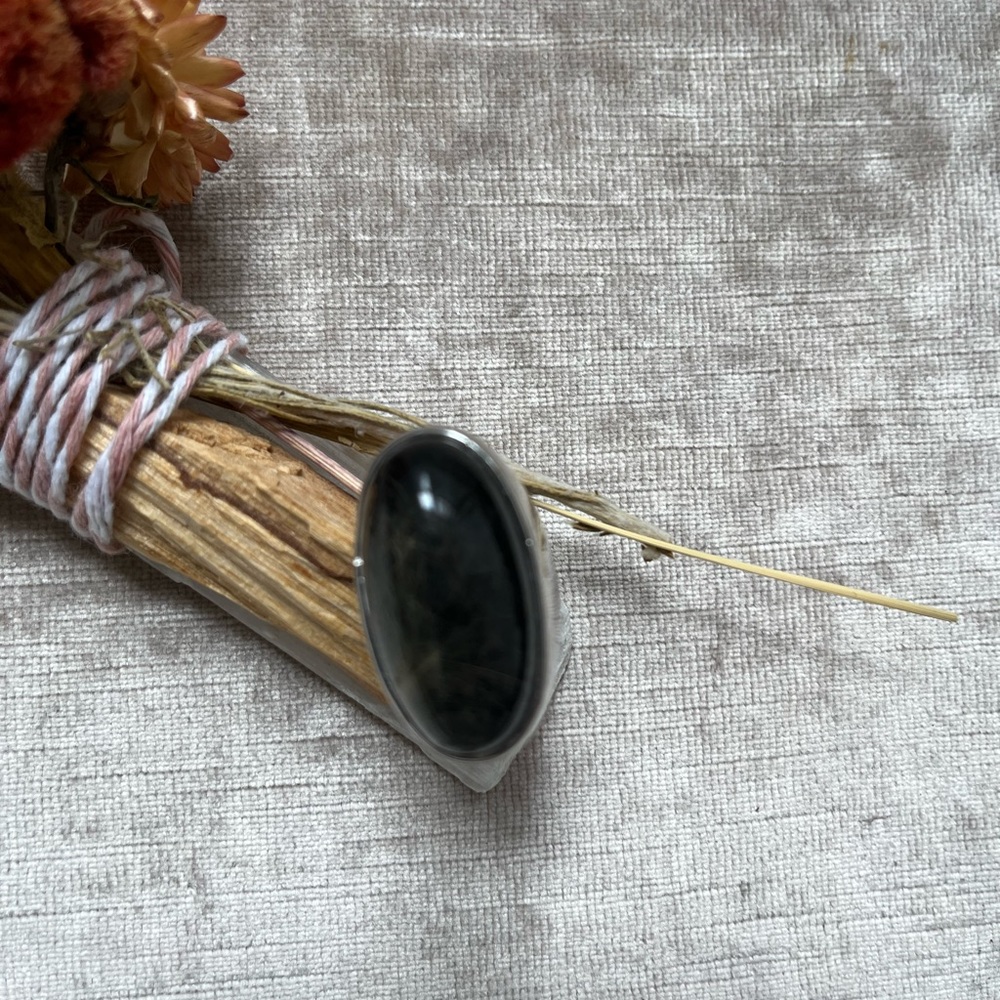 PIANEGONDA Sterling Silver Black Cabochon Rutilated Quartz Cocktail Ring Size 7 - Picture 2 of 9